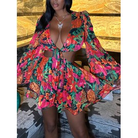 BEAUDRM Women's Sexy Summer Tropical Mini Dress Y2K Deep V Cut Out Dresses Long Bell Sleeve Vacation Tie Front Sundress Multicolor Large