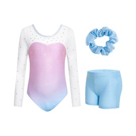 JiAmy Gymnastics Leotards for Girls with Shorts Set, Long Sleeve Kids Gymnastics Athletic Outfit for Kids 3-12 Years