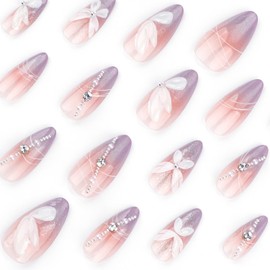 FIEONCIY Press on Nails Almond Shaped Glossy Full Cover Medium Almond Acrylic False Nails with Designs Artificial Almond Fake Nails with Charms Glue Stick on Fingernails for Women Girls(JP3621)
