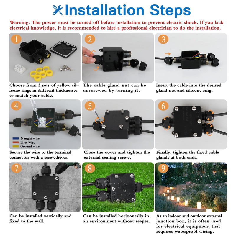 Helunsi Waterproof Junction Box 3 Way, IP68 External Waterproof Electrical