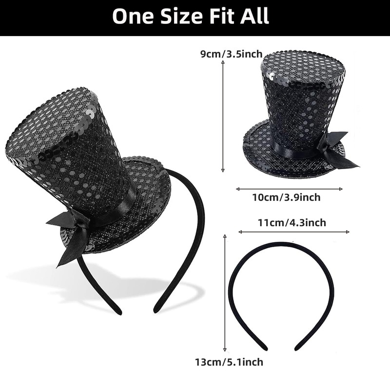 Cerchietto con mini cappello a cilindro, con paillettes, accessorio per