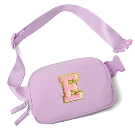 Belt Bag Two-Way Zipper Fanny Pack Crossbody Bags with Initial Letter Patch Cute Stuff for Teenager Girls Trendy Preppy Stuff for Teen Girls Birthday Gifts Cool Stuff for Teens (Lavender-E)