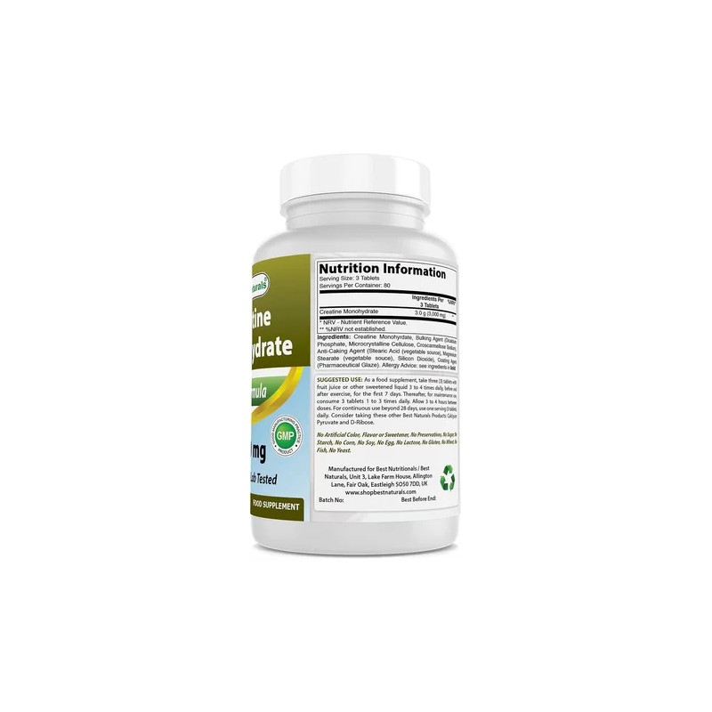 Creatine Monohydrate Best Naturals 240 Tabletas 1000mg Sabor Sin Sabor