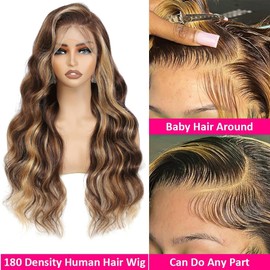 Ombre Highlight Lace Front Wigs Human Hair with Baby Hair 180% Density 4/27 HD Lace Wig Honey Blonde Body Wave Frontal Wigs Human Hair 22 Inches (56 cm) 13 x 4 Inches (56 cm)