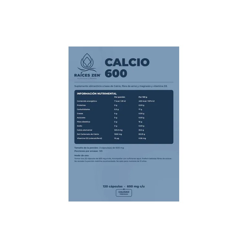 Calcio 600 Mg Con Vitamina D3 400 Ui Raíces Zen