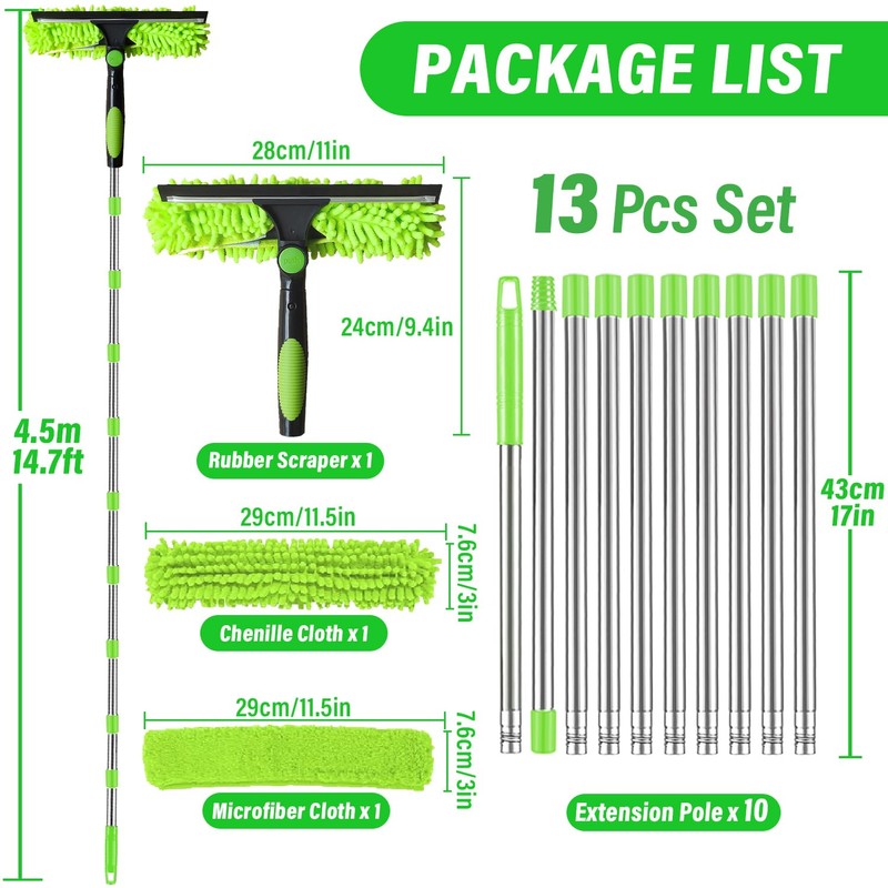 RIZENCE 4.5M/14.7ft Window Cleaning Squeegee Tools, 3-in-1 Window Washing Kit