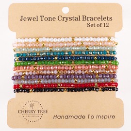 Cherry Tree Collection Crystal Bracelets Set of 12 - Stackable Friendship Bracelets for Women Trendy Designer Colors - 2x3mm Dainty Faceted Crystal Beads with Gold Spacers - 6.75-7" (Twilight - Gold)
