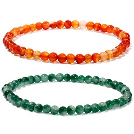 Jewboo2Pcs Genuine Semi Gems Friendship Beaded Bracelets for Women Crystals and Gemstones Stretch Healing Bracelets Beads 4mm (Moss Agate & Orange Agate)