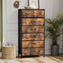 Pellebant Dresser for Bedroom with 7 Drawers, Tall Dresser Vertical Storage Tower, Sturdy Metal Frame, Fabric Storage Bins with Plastic Handle and Wooden Top, Dresser Closet/Hallway, Rustic Brown