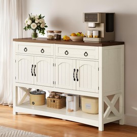 DWVO 47.2" Buffet Sideboard Cabinet with Storage, Farmhouse Coffee Bar Cabinet w/2 Drawers, Wood 4-Doors Console Table with Adjustable Shelves for Kitchen, Dining Room, Living Room, Entryway (White)