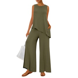 PRETTYGARDEN Women's 2025 Two Piece Matching Lounge Sets Asymmetrical Split Tank Tops Wide Leg Pants Summer Outfits Tracksuit (Army Green,Small)