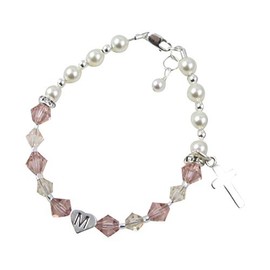 Design your own colors - Cross charm bracelet - Pearl and Crystal - silk & vintage rose