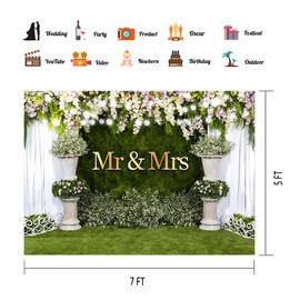 PHMOJEN 7x5ft Wedding Backdrop, Vinyl White Curtain Floral Grass Wall Mr and Mrs Photography Background, Banner Studio Props BJLSPH938