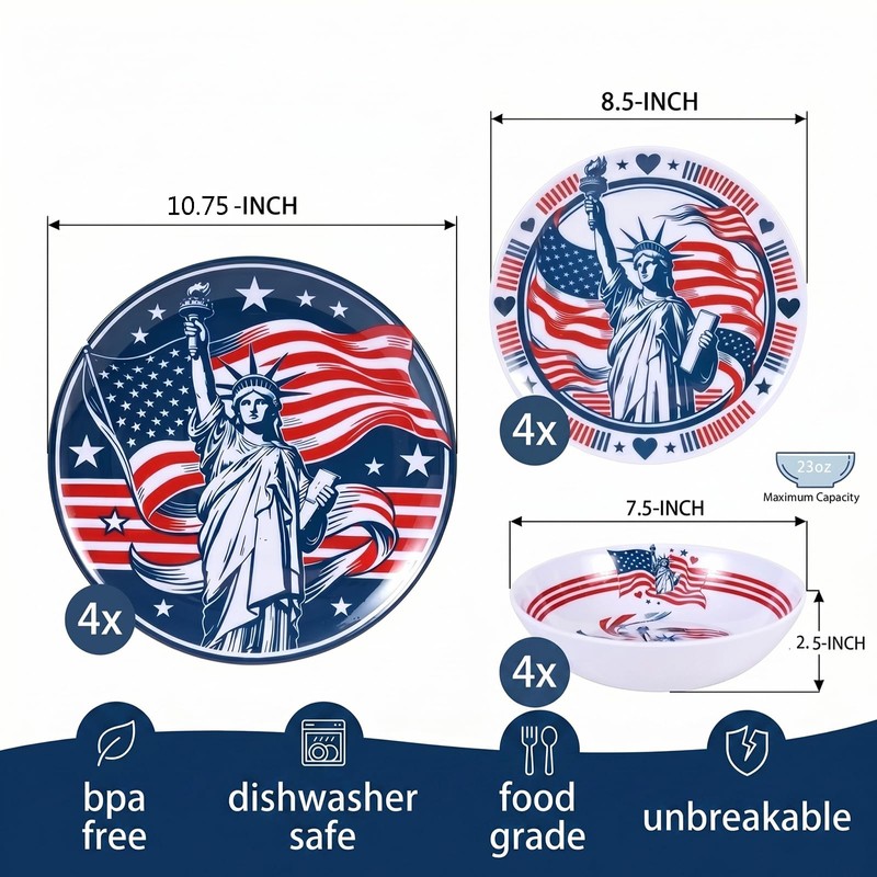 Webbylee 12 Piece Melamine Dinnerware Set,Unbreakable Plates and Bowls with