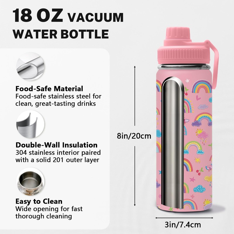 Rainbow 18oz Water Bottle, with 2 Lids Handle, Insulated Travel