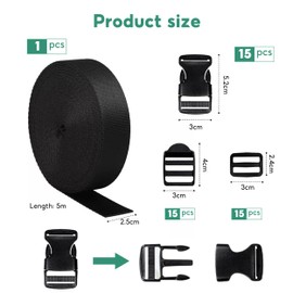 lbxtswpl Nylon Heavy Webbing Strap, 5M Flat Side Release Buckles, 15 Sets Flat Side Release Buckles and Tri-Glide Slides Cuttable Black Webbing for DIY Craft Backpack Strapping(Black)