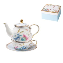 PANAOAHU Tea for One Set, Bone China Stackable Teapot with Cup and Saucer, Floral Butterfly Vintage Ceramic Teapot and Cup Set, Ideal Gift for Birthday Christmas Valentine's Day