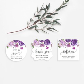 BlissfulMelodyDesign 12 Custom Purple Lavender Floral 2" Party Wedding Favor Tags, Thank you, Welcome, Love is Sweet Tags in Round, Square Flourish, Square Shapes
