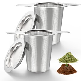 IPOW Filtro De Café De Malla Extra Fina con Tapa De Posavasos Y Asa De Doble Cara, Infusor De Té De Malla Micrométrica para Té Suelto, Grado Alimenticio 2 Paquetes Acero Inoxidable