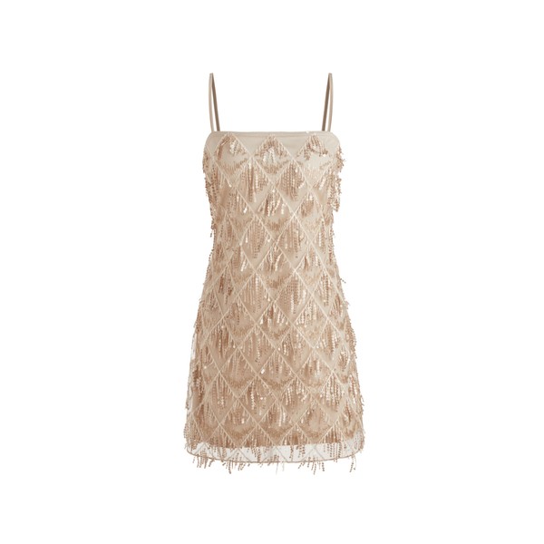CIDER Sequins Square Neck Geometric Tassel Mini Dress: Champagne, XL