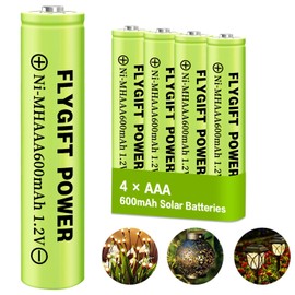 FlyGift AAA Rechargeable Battery, 1.2v Ni-MH Solar Batteries, Low Self-Discharge, Pre-Charged Triple A Battery for Solar Pathway Lights, Outdoor Solar Lights (600mAh -4pack)