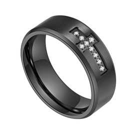 Flongo Men's Cross Ring Black: Stainless Steel Men's Ring 8 mm Rings with Cross Rhinestone Vintage Black Rings Jesus Prayer Jewellery Punk Christian Cross with Diamonds Zirconia Gift for Women Men,