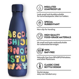 KollyKolla Stainless Steel Drinking Bottle, 500 ml, 3D Print Drinking Bottle, Sports Bottle, Suitable for Carbonated Drinks, Leak-Proof Thermos Flask, BPA-Free, Drinking Bottles for Children, School,