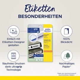 AVERY Zweckform L4756-25 Hängeordner-Etiketten (125 Rückenschilder mit ultragrip, 34x297mm auf A4, schmal/lang, absolut blickdicht, selbstklebend, bedruckbare Ordneretiketten) 25 Blatt, weiß