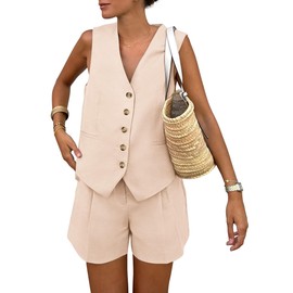 PRETTYGARDEN Summer 2 Piece Outfits Sets for Women Button Down Deep V Neck Vest Waistcoat Sleeveless Tops Shorts with Pockets (Beige,Large)