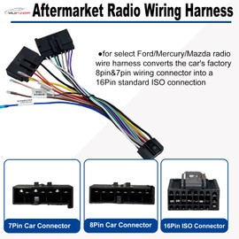 16Pin ISO Aftermarket Radio Harness Adapter for Ford 1986-2004 Mercury 1986-2000 Mazda 1991-1997, 16Pin Android Car Stereo Wiring Harness with SWC Reverse Antenna Cable for E-150 E-250 E-350 Ranger