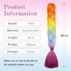 Tess Jumbo Braids, Hair Extensions, 60 cm, Kanekalon Synthetic Hair for Braiding, Box Braids, 100 g/Bundle, Pack of 1, Orange/Yellow/Blue/Red, Ombre