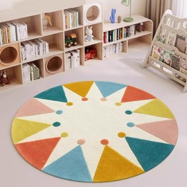 Poowe Colorful Round Kids Rug 47.2", Machine Washable Rug for Playroom, Non-Slip Circle Rugs for Classroom, Soft Circular Carpet Kids Play Mat for Nursery Bedroom Preschool