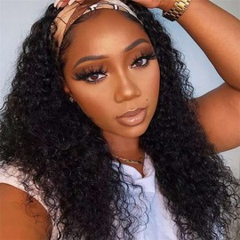 Headband Wig Deep Wave Human Hair Wig 18 inch None Lace Front Wigs for Black Women Deep Curly Wave Machine Made Wigs Perruque Femme Humain Naturel Natural Color