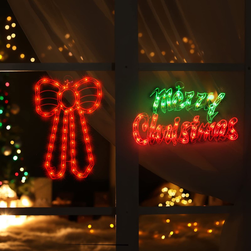 LAMPHOME 2 Pack Lighted Merry Christmas and Bow Christmas Window