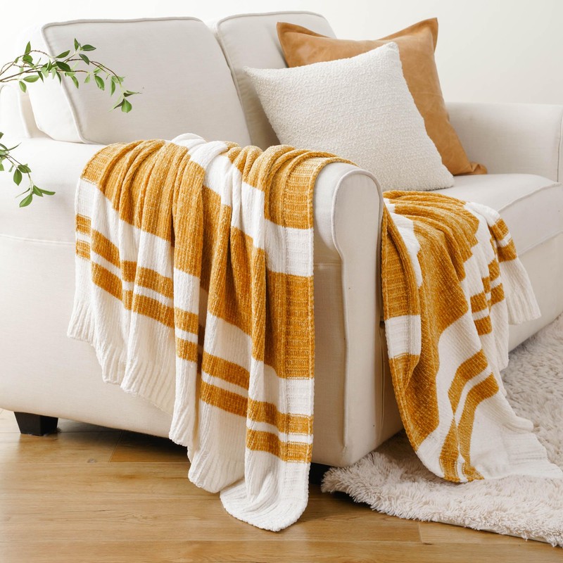 BATTILO HOME Mustard Yellow Throw Blanket for Bed, Soft Chenille