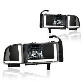 DimFlux LED DRL Headlight Assembly, Compatible with 1994-2001 Dodge Ram 1500/1994-2002 Ram 2500 3500(DON'T Fit SPORT Models or Ram VAN Models) Headlights Kit, Headlamp Black Housing Clear Reflector