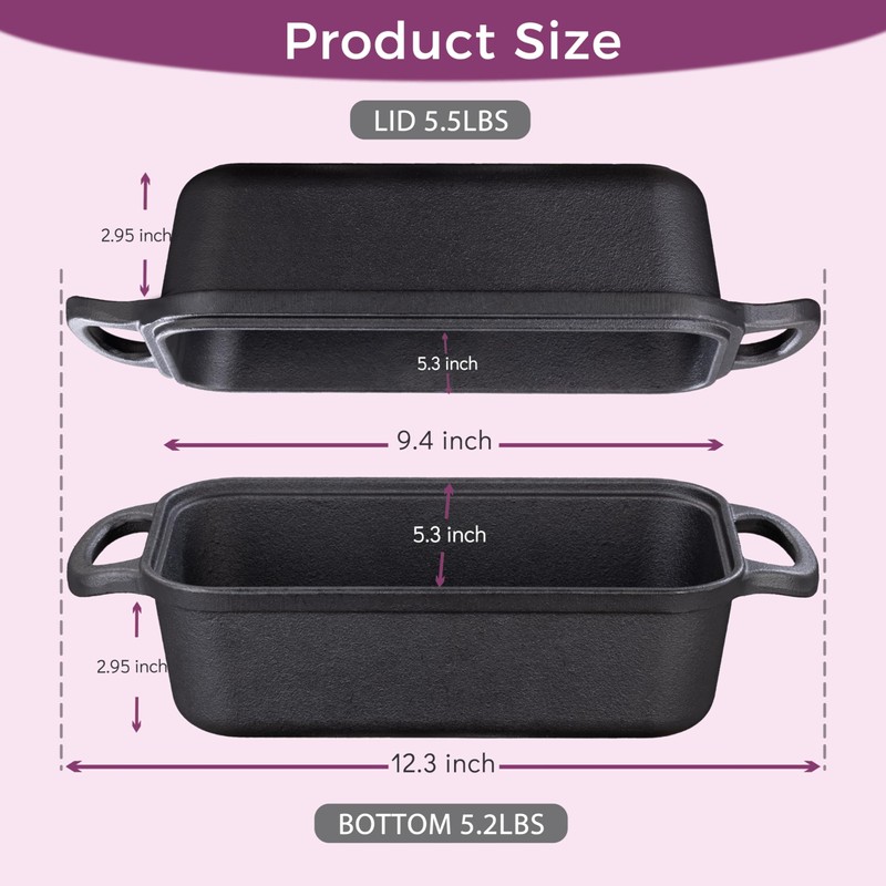 Vanderlume Cast Iron Loaf Pan with Lid 9x5 Inch, 2