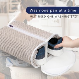 Huglist Shoe Washing Machine Bag - Dual Shoe Bag for Washing with Adjustable Shoe Trees, Laundry Shoe Bag for 2 Shoes, Fluffy Fiber, Wrap-around Cleaning, Olive-shaped Design, Durable Zipper, Beige