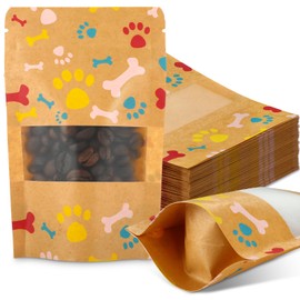 Dunzoom 200 Pcs Resealable Bags Stand up Pouch Bags Paw Print Dog Treat Bags by Puppy's 3.5" x 5.5" Paw Print Gift Bags Kraft Paper Zip Lock Pouches for Canine Delights(Brown)
