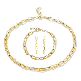 Pingyongchang 14K Gold Plated Paperclip Alloy Link Chain Choker Necklace Bracelet Earrings Set Punk Oval Dainty Chunky Chain Flat Link Costume Jewelry Set for Women Men Party Gifts Jewelry-Gold