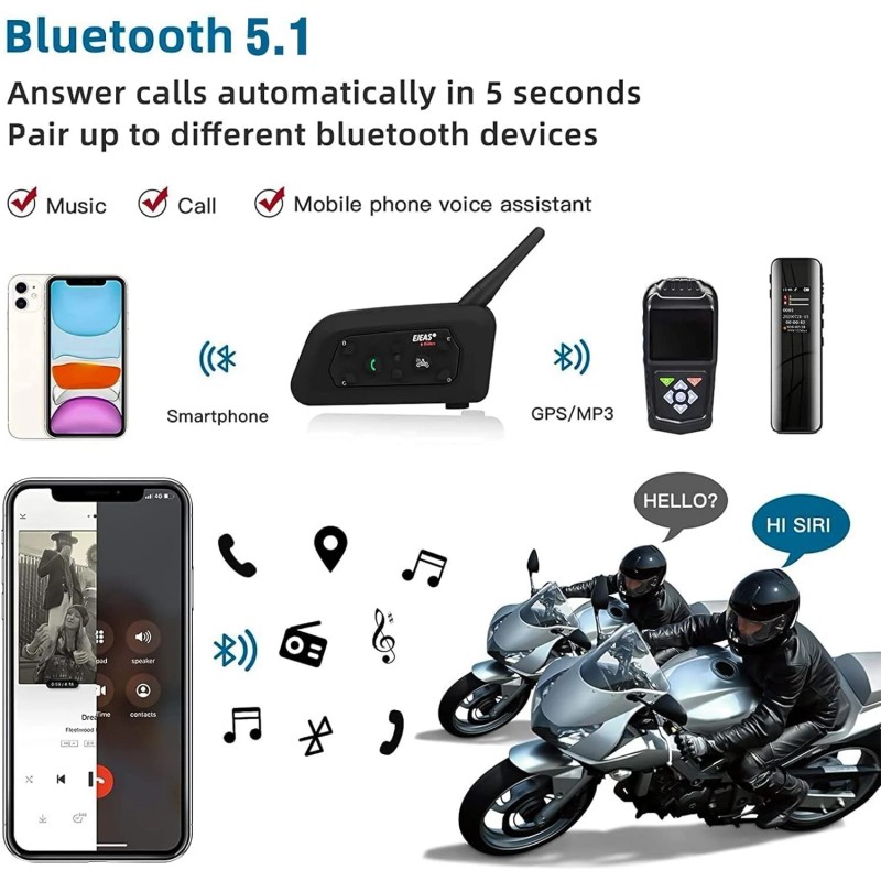 EJEAS V6 Motorcycle Intercom 2Way 1200M Helmet Headset Wireless Bluetooth