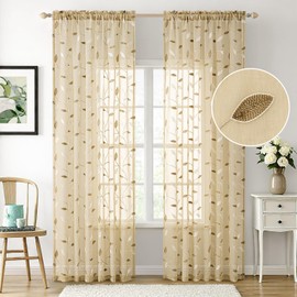 MIULEE Beige Curtains 2 Panels Embroidered Leaf Patterned Rod Pocket Floral Semi Sheer Faux Linen Window Curtains Drapes for Living Room Bedroom Farmhouse,52x84 Inches Long