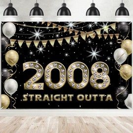 Straight Outta 2008 Birthday Banner Backdrop, Cheer to 16 Years Birthday Banner, 16th Birthday Party Decorations for Men Women Birthday Photography Party Supplies Black and Gold Glitter Favors