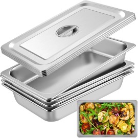 VEVOR 4 Pack Set 4" Full Size Steam Table Pans w/ Lids Fits Hotel Food Prep