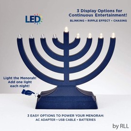 Rite Lite Go Menorah Mini Metallic Electric Menorah - LED Battery/USB Powered Chanukah Menorah Jewish Holiday - Office Car Home Decorations Judaica Hanukkah Gifts, Push Button Multi Light - Blue