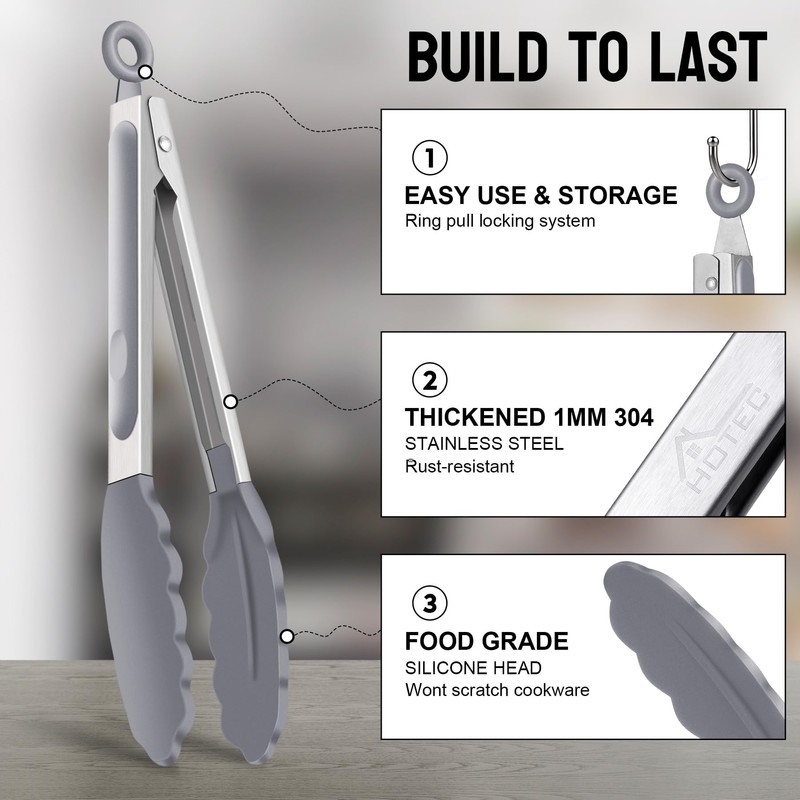 HOTEC Premium Stainless Steel Locking Kitchen Tongs with Silicon Tips,