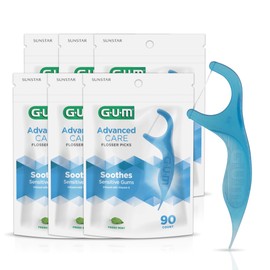 GUM Advanced Care Floss Picks - Dental Flossers for Adults with Vitamin E and Fluoride - Extra Strong Shred-Resistant Dental Floss, Easy Grip Handle, Fresh Mint Flavor, 90 ct