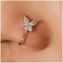 TseenYi Boho Crystal Butterfly Nose Ring, Golden Septum Nose Cuff Ring, CZ Butterfly Nose Ring, Small Butterfly, U-shaped Nose Ring, Butterfly Cartilage Flexible Nose Stud