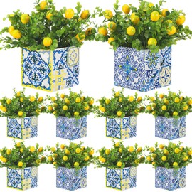 Giegxin Blue Tiles Lemon Table Centerpiece Decor Amalfi Coast Box Decorations with Artificial Lemon Branches for Capri Mediterranean Positano Wedding Birthday Party Decor(8 Sets)
