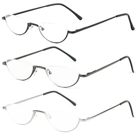 REAVEE 3 Pack Retro Designer Alloy Half Moon Reading Glasses for Women Men Half Frame Spring Hinge Stylish Slim Reader with Pouch, Black Grey and Silver, 3.0